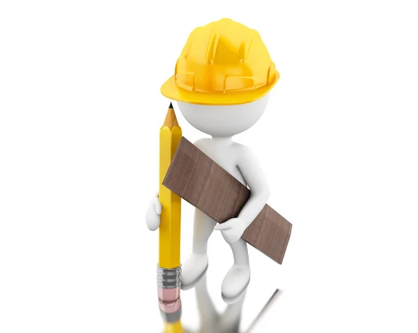 3d Engineer holding a pencil and wooden planks — Stock Photo, Image