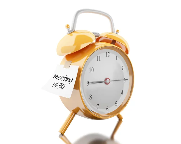 Reloj despertador 3d con papel adhesivo escrito "reunión 14.30 " — Foto de Stock