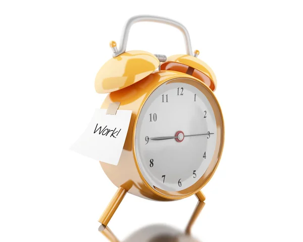 Relógio de alarme 3d com papel pegajoso escrito "trabalho " — Fotografia de Stock