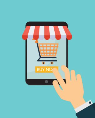 Tablet ile alışveriş sepeti alışveriş online. Vektör çizim.