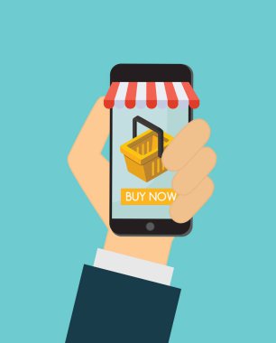 Sarı sepeti ile online alışveriş telefonu. Vektör çizim.