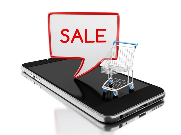 Smartphone 3d con carrito de compras promoviendo descuentos de venta — Foto de Stock