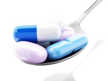 3D kaşık renkli hap ve kapsül dolu