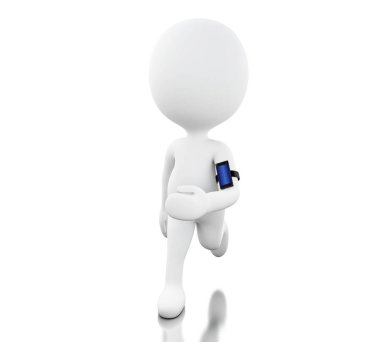 3d beyaz kişi bir cep telefonu ile koşu
