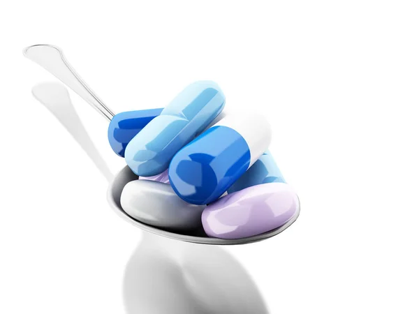 3d Spoon full of colorful pills and capsule — Stock Photo, Image