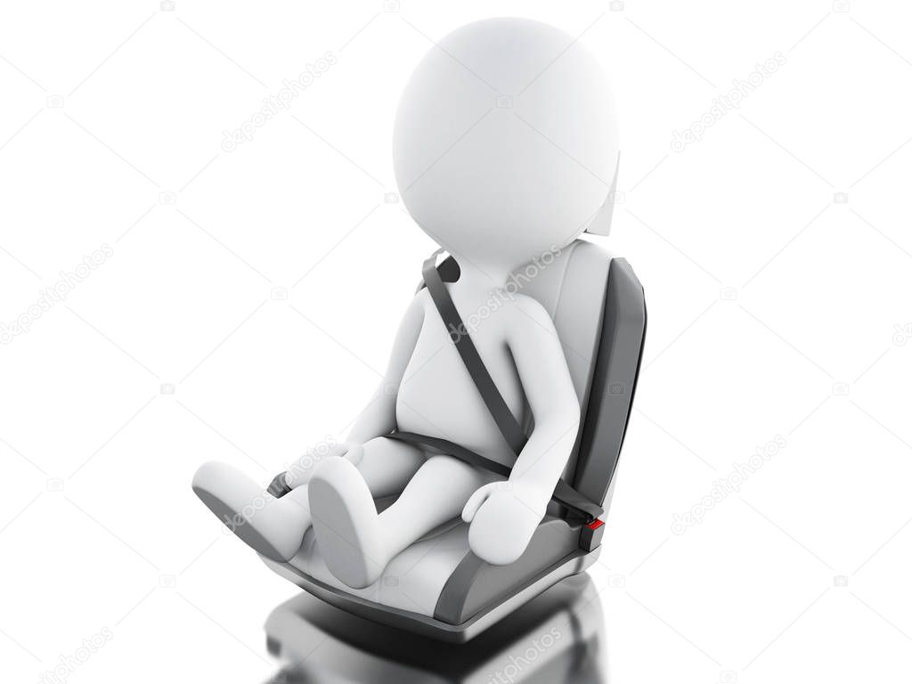 3d White people in car chair with auto seat belt