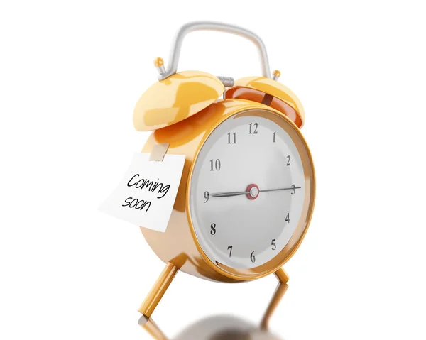 Relógio de alarme 3d com papel pegajoso escrito "em breve ". — Fotografia de Stock