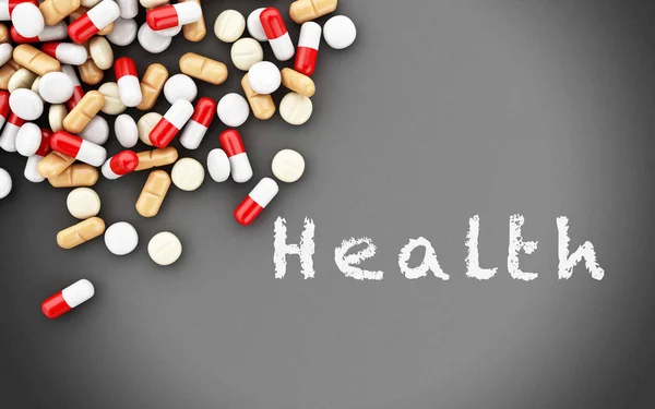 Comprimidos 3d e quadro com texto "saúde " — Fotografia de Stock