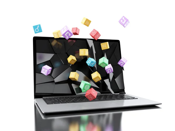 3D trasiga laptop skärm med rabatt ikoner — Stockfoto