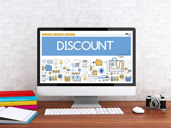 3D комп'ютер зі словом DISCOUNT . — стокове фото