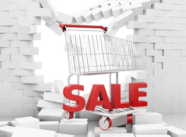 3d Sale sign of a shopping cart breaking through a brick wall — Stock Photo, Image