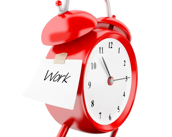 Relógio de alarme 3d com papel pegajoso escrito "trabalho " — Fotografia de Stock