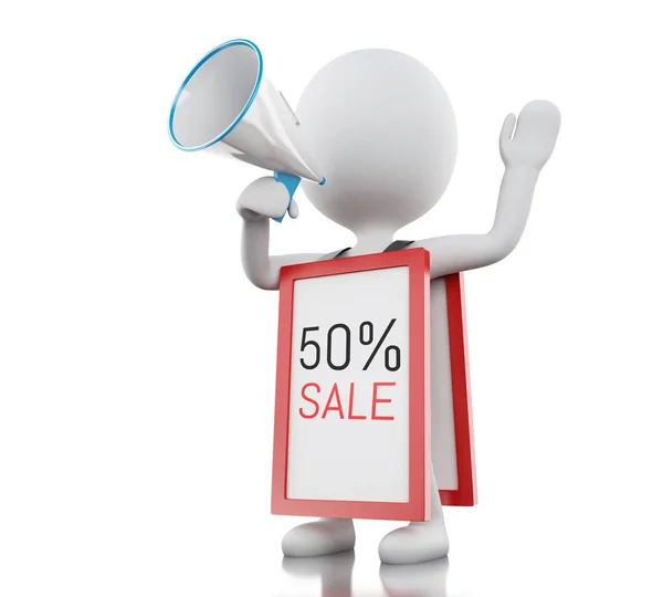 3d White people with megaphone promotioning 50% discount — Stock Photo, Image