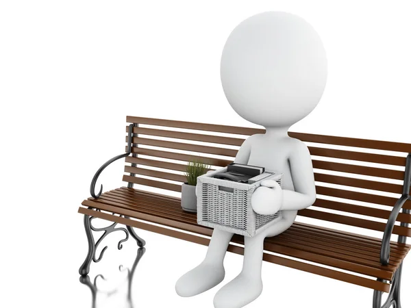 3D weiße Menschen sitzen auf einer Bank mit seinen Sachen — Stockfoto