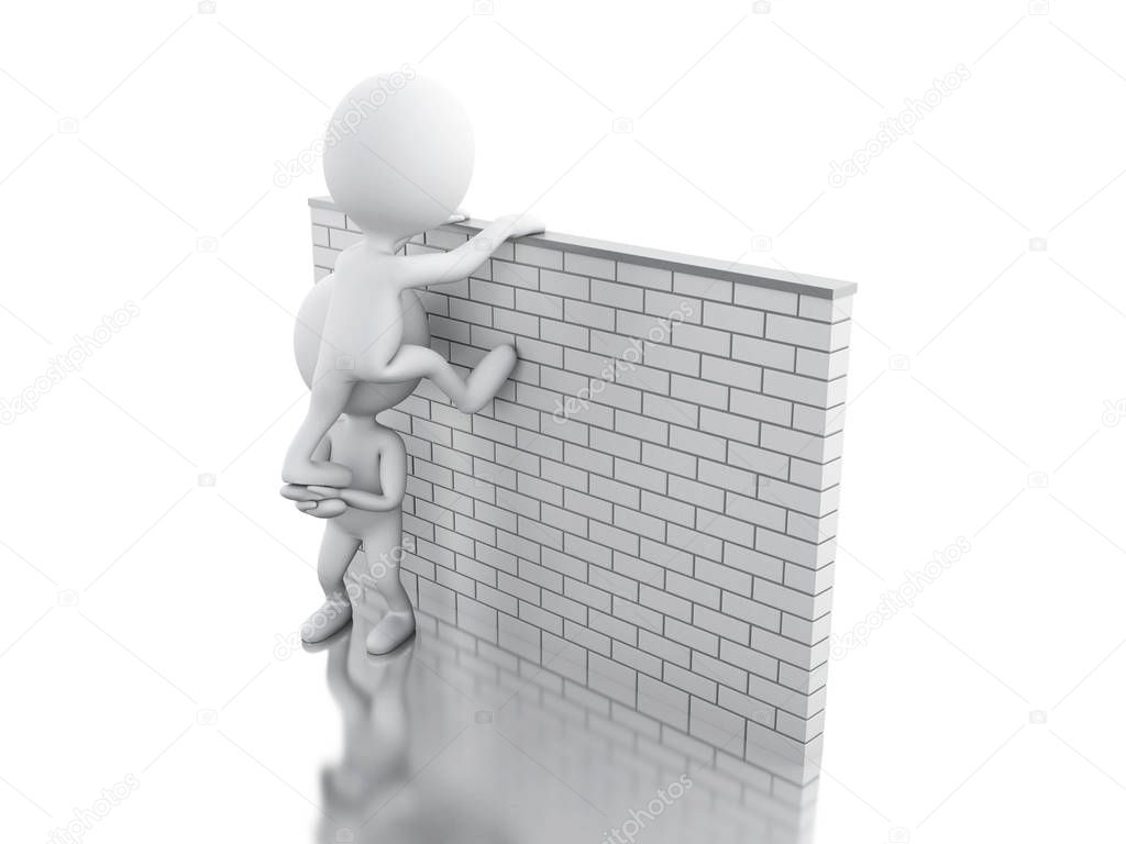 3d White people climbing a brick wall
