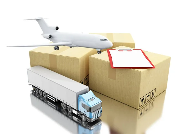 3D kartonnen dozen met chek lijst, vliegtuig en vrachtwagen — Stockfoto