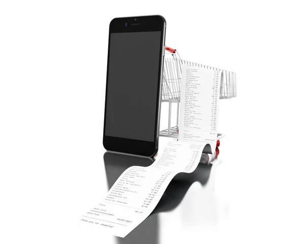 3d Shopping cart and store receipt with smartphone — Stock Photo, Image