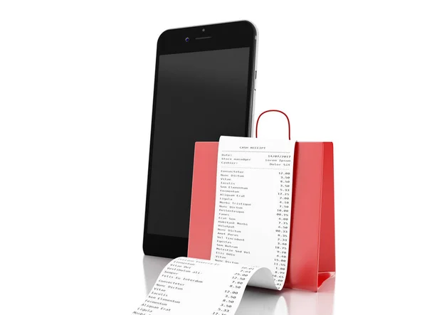 3d 购物袋和商店收据与智能手机 — 图库照片