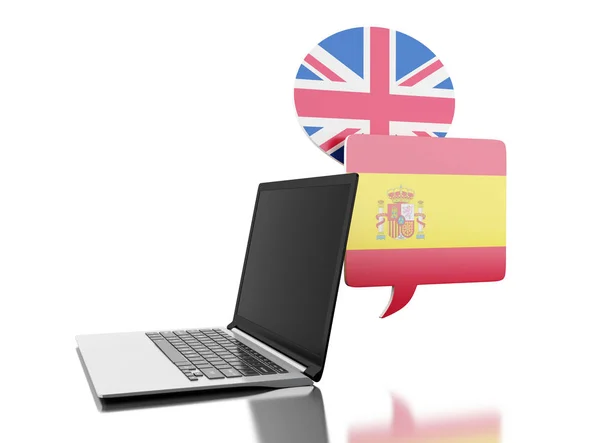 3D-translate Spaans en Engels met laptop. — Stockfoto