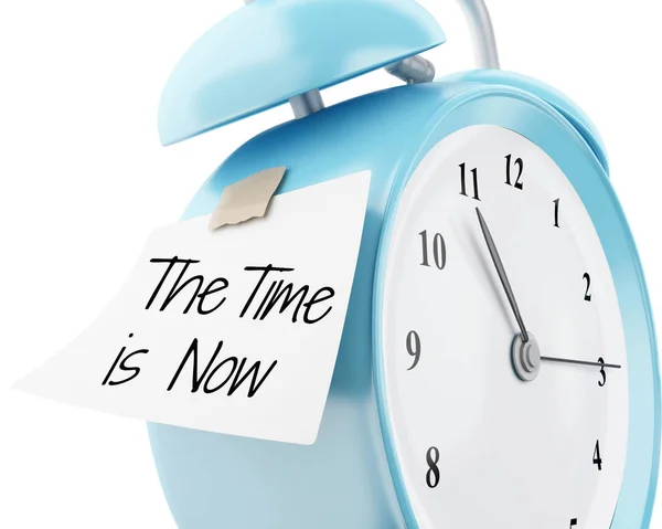 Relógio de alarme 3d com papel pegajoso escrito "o tempo é agora ". — Fotografia de Stock