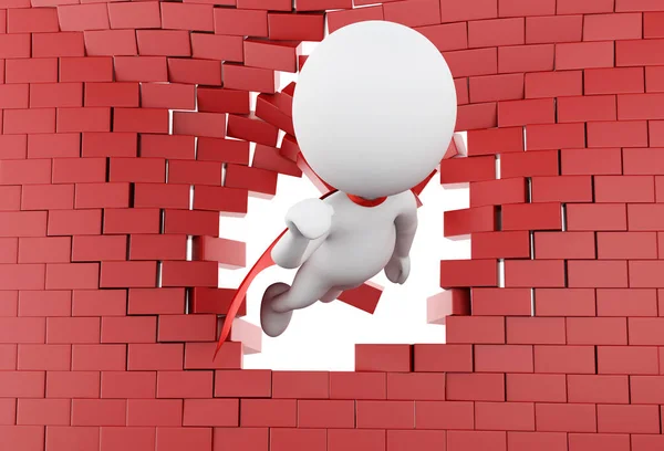 3D-super held vliegen door gebroken bakstenen muur — Stockfoto