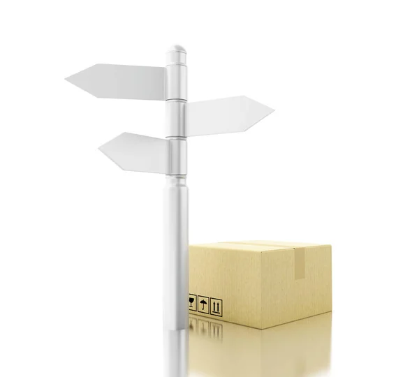 Caixas de papelão 3d com poste de sinal. Conceito de entrega . — Fotografia de Stock