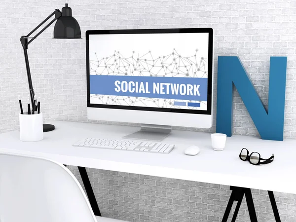 3D dator med ord sociala nätverk. — Stockfoto