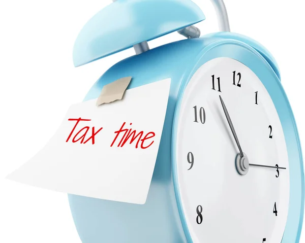 Reloj despertador 3d con papel adhesivo escrito "tax time " —  Fotos de Stock