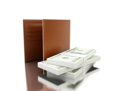 3D çizim. Banknot yığını ile cüzdan