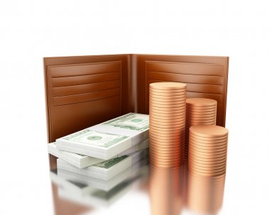 3D çizim. Faturaları ve sikke yığını ile cüzdan