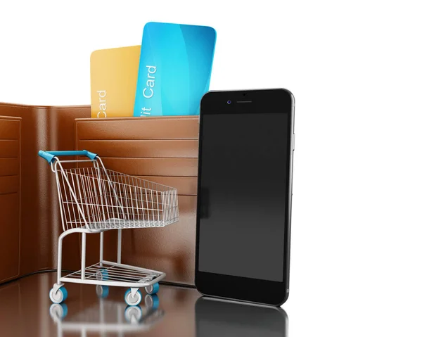 3d illustration. Dollars in wallet with shopping cart and smartp — Stock Photo, Image