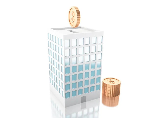 Ilustracja 3D. Wprowadzenie monety do budynku Skarbonka — Zdjęcie stockowe