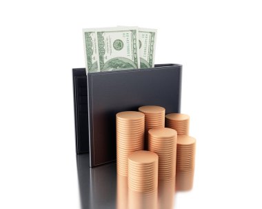 3D çizim. Dolar para destesi ile cüzdan