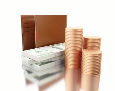 3D çizim. Faturaları ve sikke yığını ile cüzdan