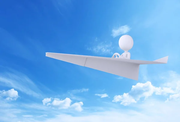 Ilustração 3d. Avião de papel voando no céu azul — Fotografia de Stock