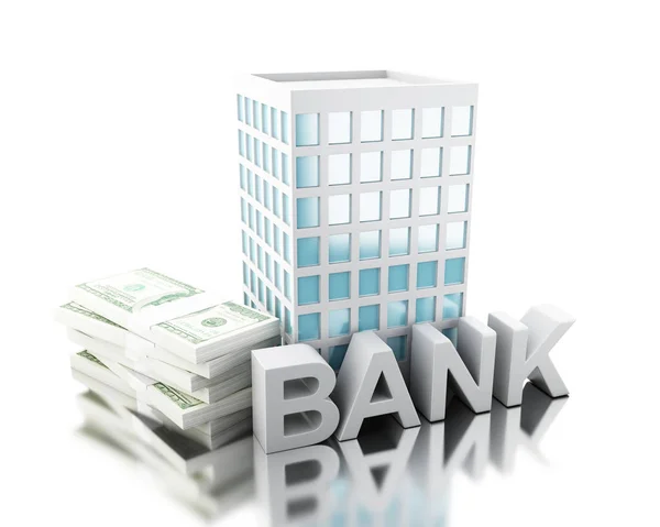 Illustrazione 3d. Edificio bancario con pila di banconote — Foto Stock