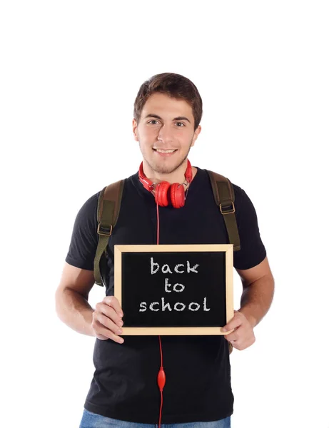 Man met schoolbord met "terug naar school". Rechtenvrije Stockafbeeldingen