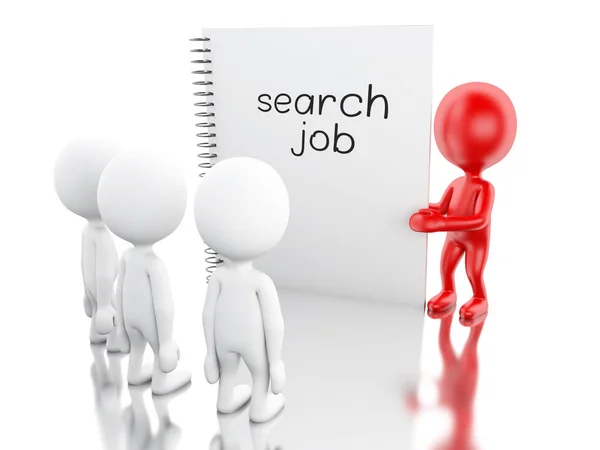3D λευκούς ανθρώπους και το σημειωματάριο με το αναζήτηση θέσεων εργασίας. — Φωτογραφία Αρχείου