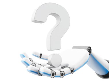 3D çizim. Robot el gösteren soru işareti