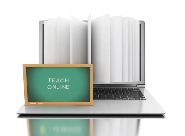 3D-laptopcomputer met fotoboekpagina's en tekst "Leren online" — Stockfoto