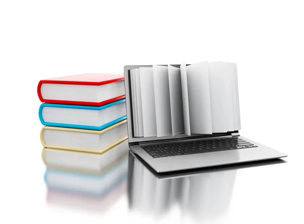 3D-laptop met boek pagina 's — Stockfoto