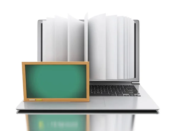 Computadora portátil 3d con páginas de libros y texto "E-learning" — Foto de Stock