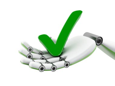 3D çizim. Yeşil onay işareti simgesini tutan Robotik el