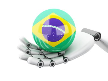 3D çizim. Brezilya bayrak simgesi tutan Robotik el