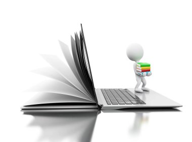 açık bir laptop beyaz insanlar ile 3D açık kitap dönüşüyor