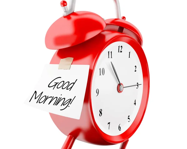 Reloj despertador 3d con papel adhesivo escrito "buenos días ". — Foto de Stock