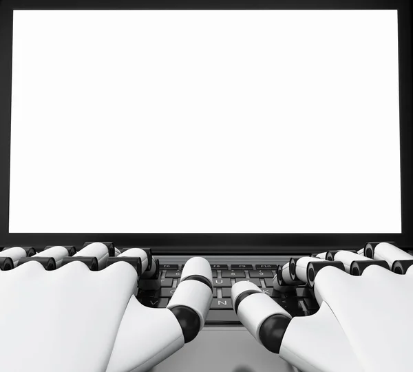 3d Robotic hands typing on a laptop with white screen. — Stock Photo, Image