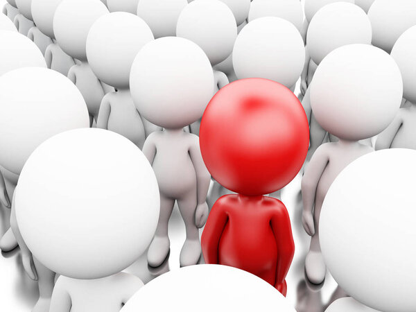 3d иллюстрация. Красный бизнесмен стоит среди белых людей
