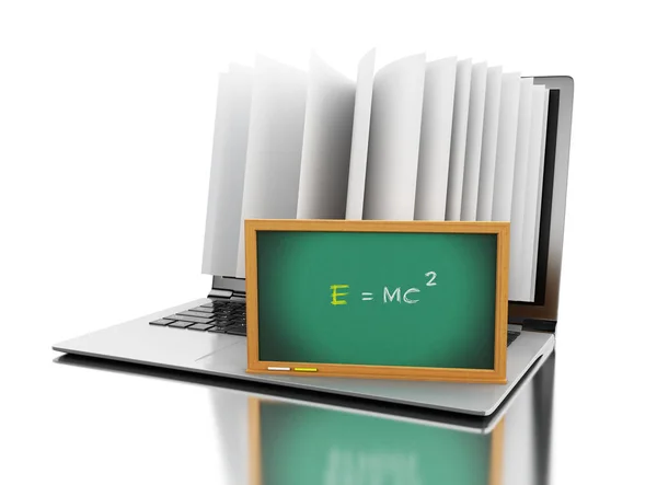 Ordenador portátil 3d con páginas de libros y texto "E MC2" — Foto de Stock