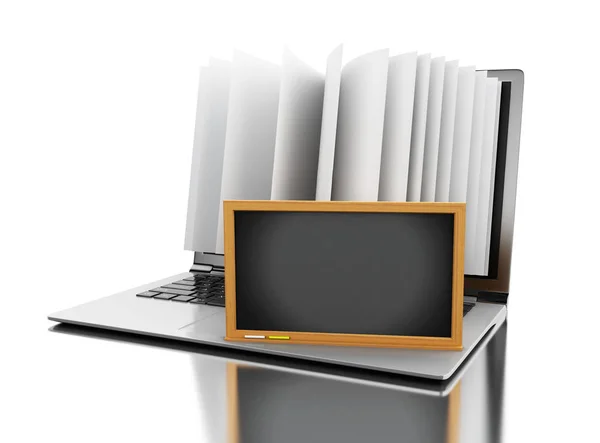 3d Laptop computer with book pages and empty blackboard — Stock Photo, Image